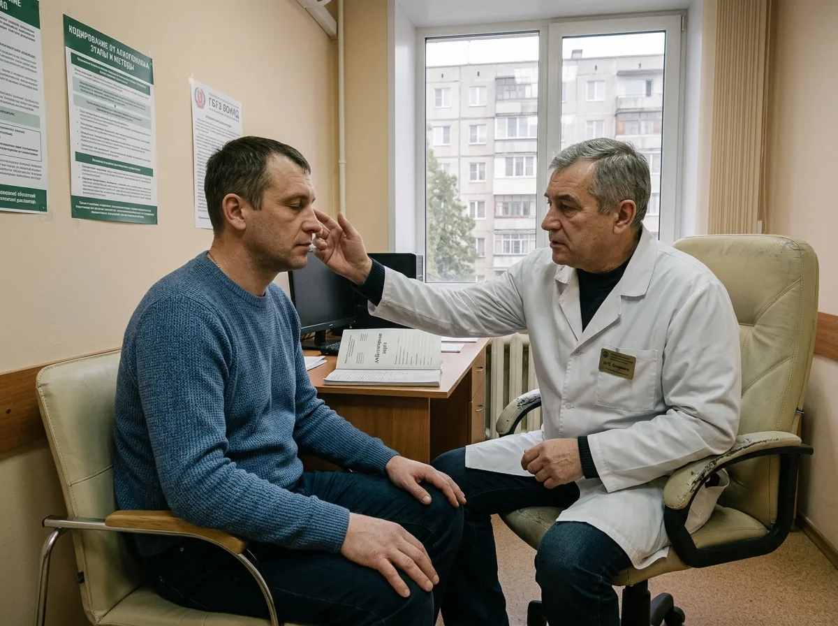 Процедура кодирования от алкоголизма в наркологической клинике Волгограда, врач и пациент в медицинском кабинете, профессиональная обстановка