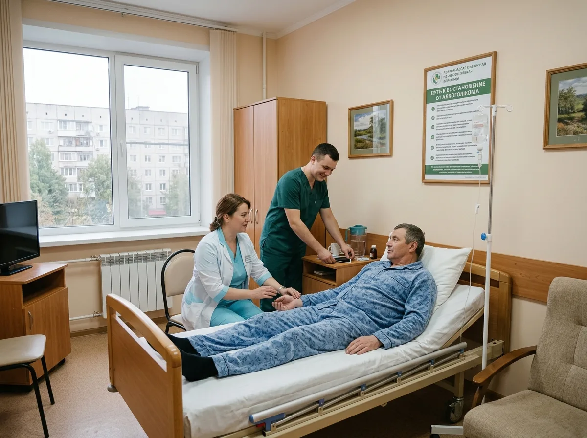 Лечение алкоголизма в стационаре наркологической клиники Волгограда — уютная палата, пациент на кровати, медицинский персонал рядом