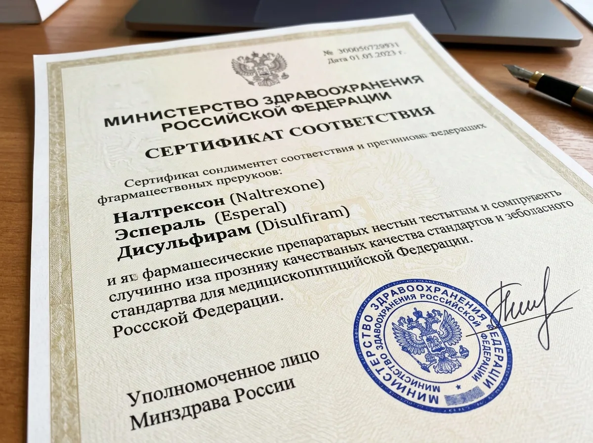 Сертификат соответствия медицинских препаратов Минздрава РФ — Налтрексон, Эспераль, Дисульфирам — документ с официальной печатью