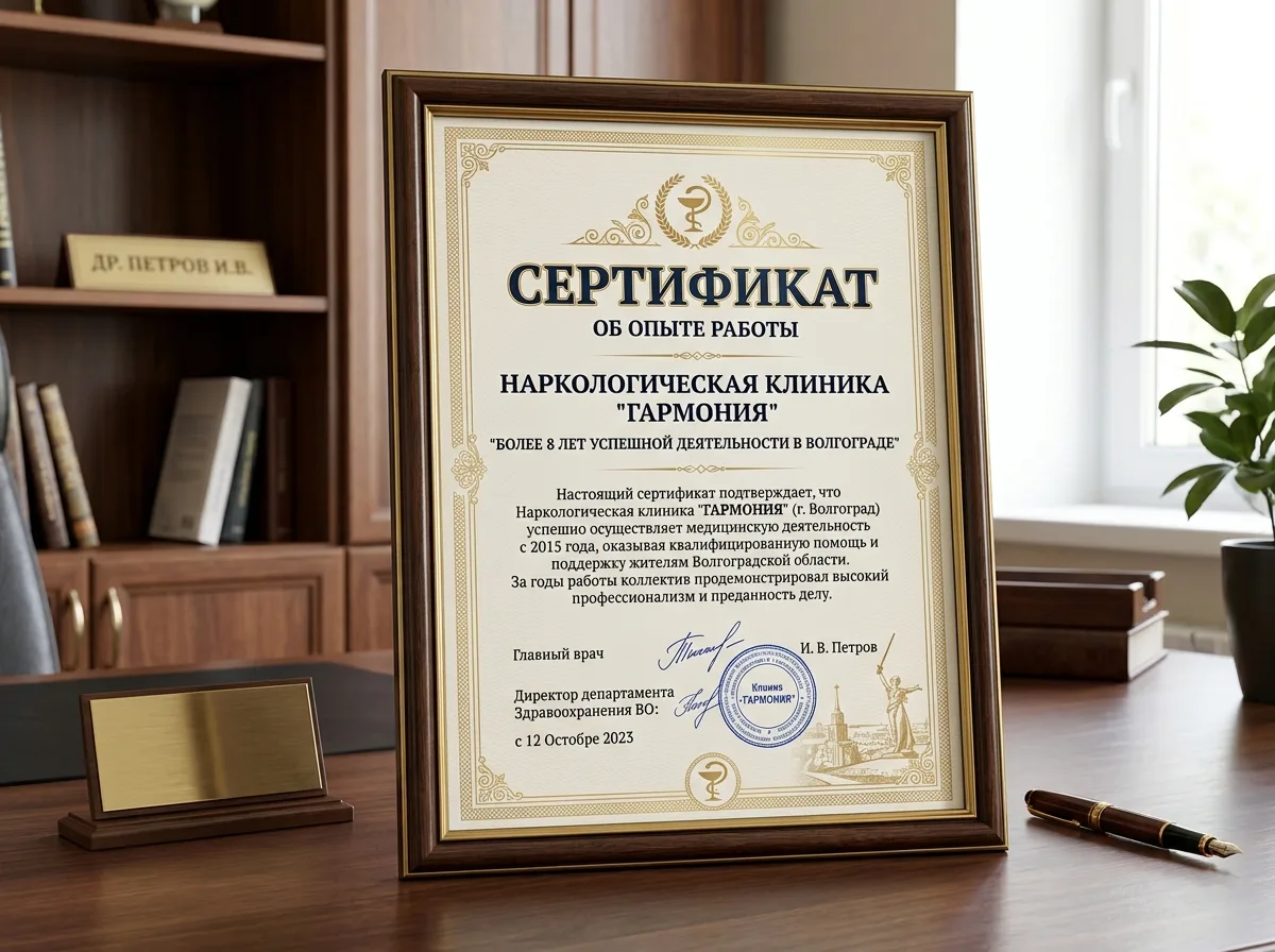 Сертификат об опыте работы наркологической клиники — официальная грамота, более 8 лет работы в Волгограде, красивое оформление
